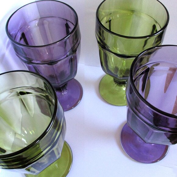 4 Vintage Libbey Duratuff Goblets Amethyst Green mid century modern 70s Glasses - Picture 2 of 6